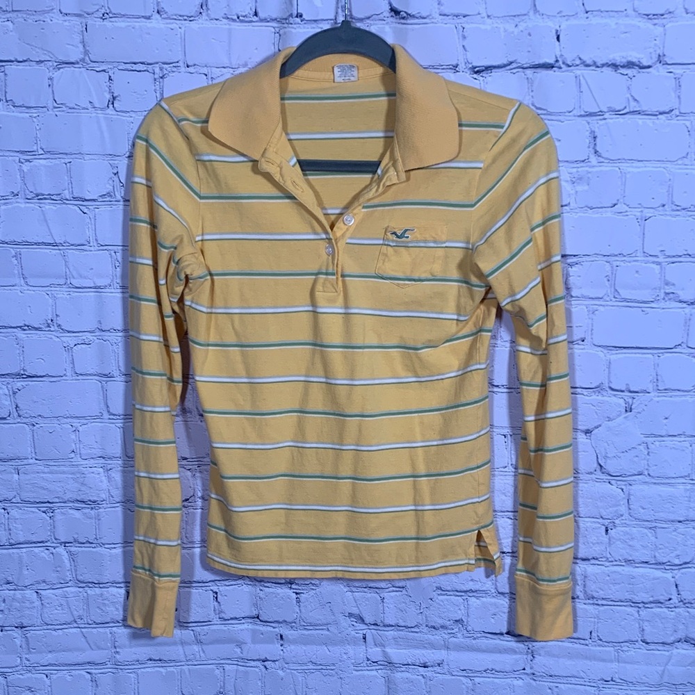 Hollister Womens VTG Y2K Long Sleeve Striped Henley Yellow Size L Slim Fit 90s